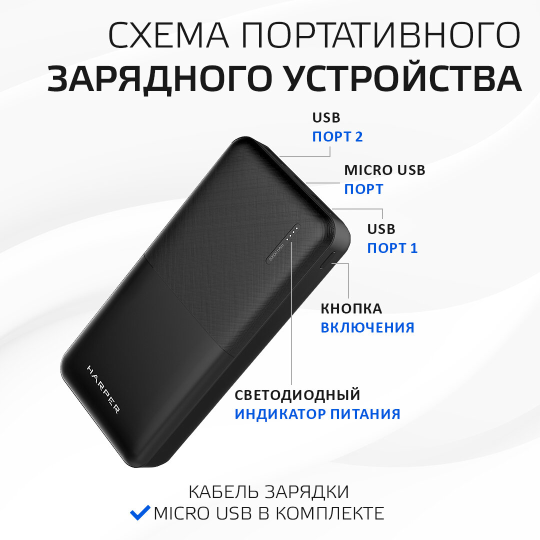 Аккумулятор внешний Harper 20000mAh, тип батареи Li-Pol, выход 2 USB: 5V/1A и 5V/2,1A, LED индикатор, защита от перегрузки, защита от к - фото №5