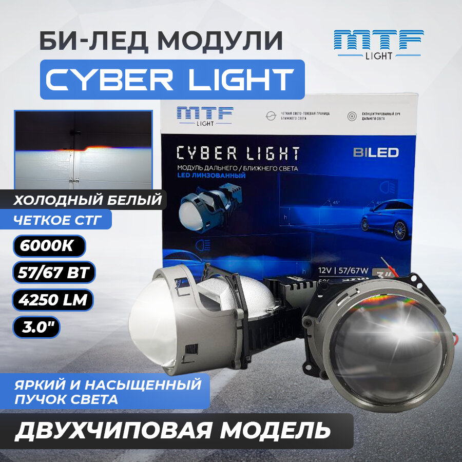 Bi led линзы автомобильные в фары ближнего и дальнего света Би лед светодиодный модуль 12в для авто MTF-light Cyber Light 3" 6000К
