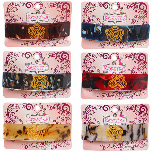 Заколка - автомат «эклер», форма прямоугольная, розалия, микс 5 цветов, 11*2,8см (блистер Кокетка)