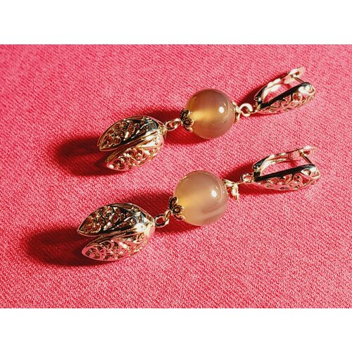 Серьги с подвесками ARMONIA, агат, размер 60 мм, серый