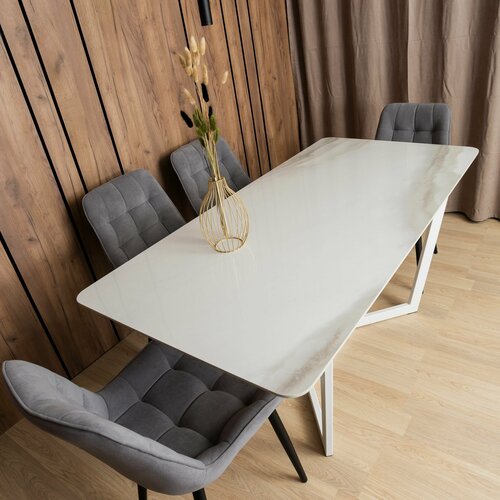 фото Стол кухонный mesa design tirachinas 140x80 см, прямоугольный, керамогранит, серый глянец/белый, подстолье металл