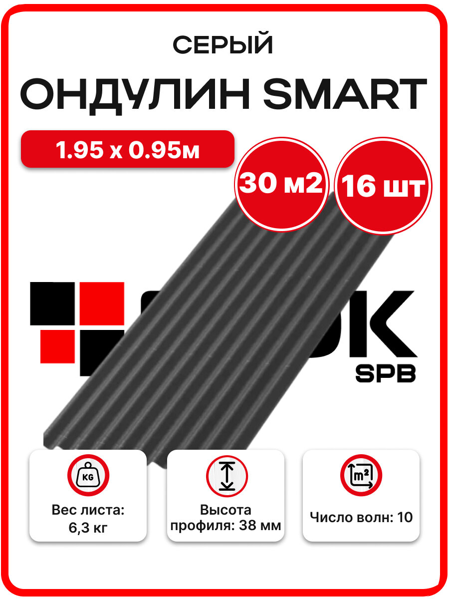 Ондулин Smart 1.95х0.95м серый цвет - 16 листов 2964м2/упаковка