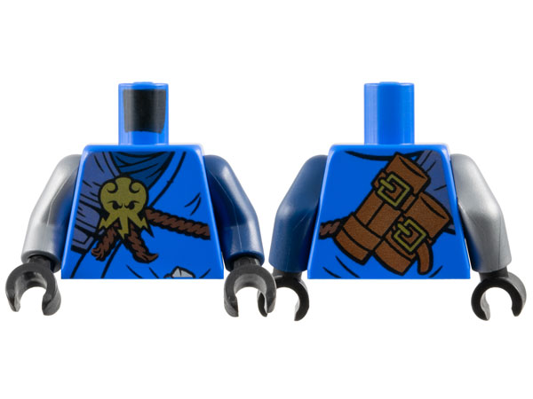 Torso Ninja Robe over Dark Blue Wrap, Silver Shoulder Armor, Reddish Brown Rope, Gold Lightning Octopus Symbol, Scabbards with Buckles on Back Pattern / Dark Blue Arm Left / Flat Silver Arm Right / Black Hands, 973pb2517c01 Blue U
