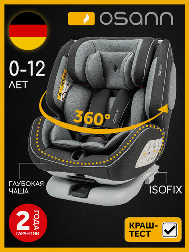 Изображение товара Автокресло детское Osann One360 Universe Grey от 0 до 36 кг, c isofix и якорным ремнем, группа 0+/1/2/3 до 12 лет