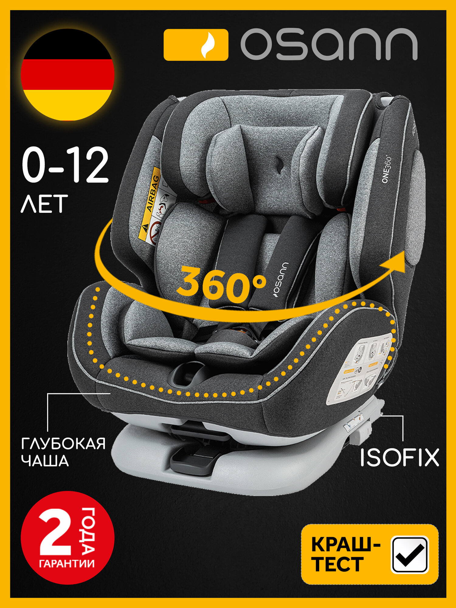 Автокресло детское Osann One360 Universe Grey от 0 до 36 кг, c isofix и якорным ремнем, группа 0+/1/2/3 до 12 лет