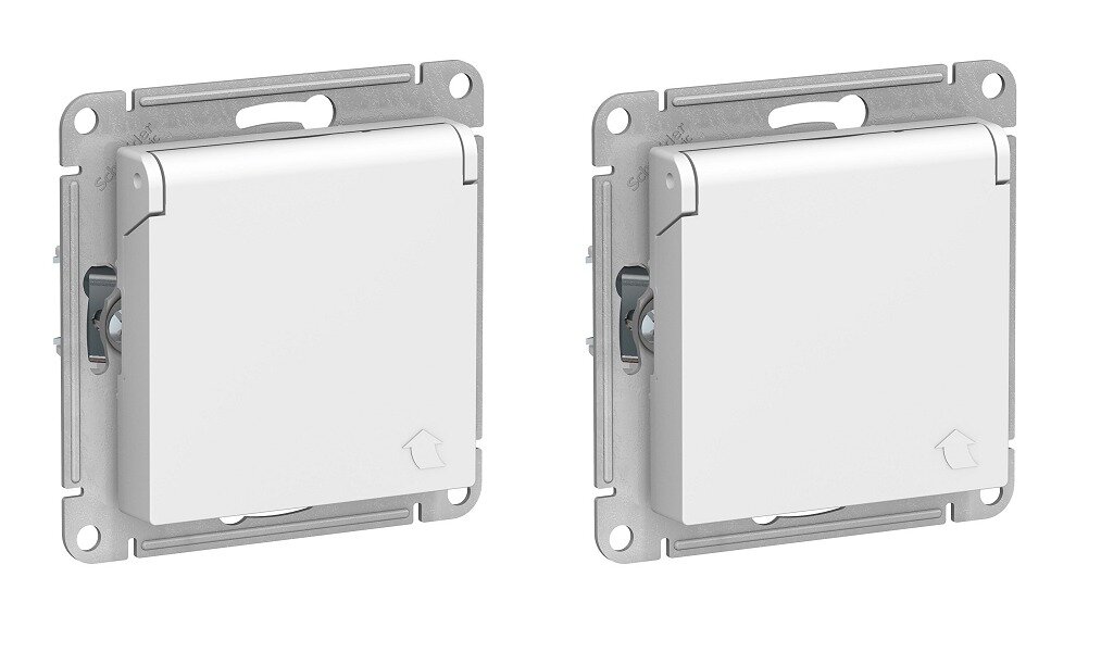 Розетка Schneider Electric/Systeme Electric AtlasDesign с заземлением, со шторками, с крышкой, 16А, IP20, механизм, лотос(белый матовый) ATN001346 (комплект 2 шт.)