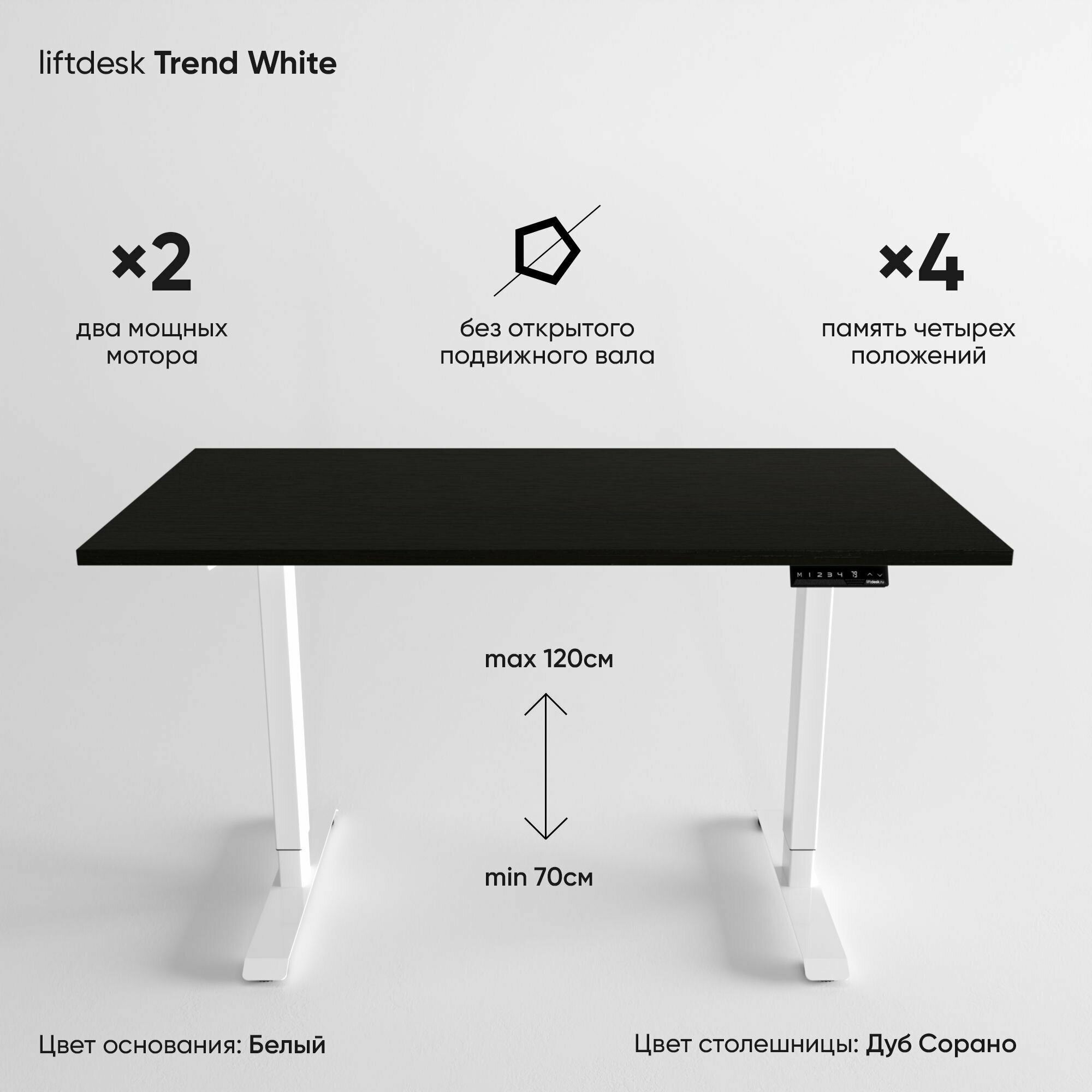 Стол регулируемый по высоте 2-х моторный liftdesk Trend Белый/Дуб Сорано черно-коричневый, ЛДСП Egger 120х68х2.5 см