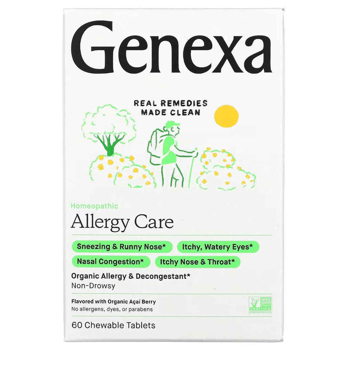Genexa, органическое средство от аллергии и отеков, ягоды асаи, 60 жевательных таблеток