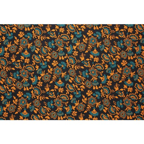 Ткань Жаккард Kenzo горчично-бирюзовый цветочный узор на тёмно-синем фоне, 460 г/пм, ш148см, 0,5 м