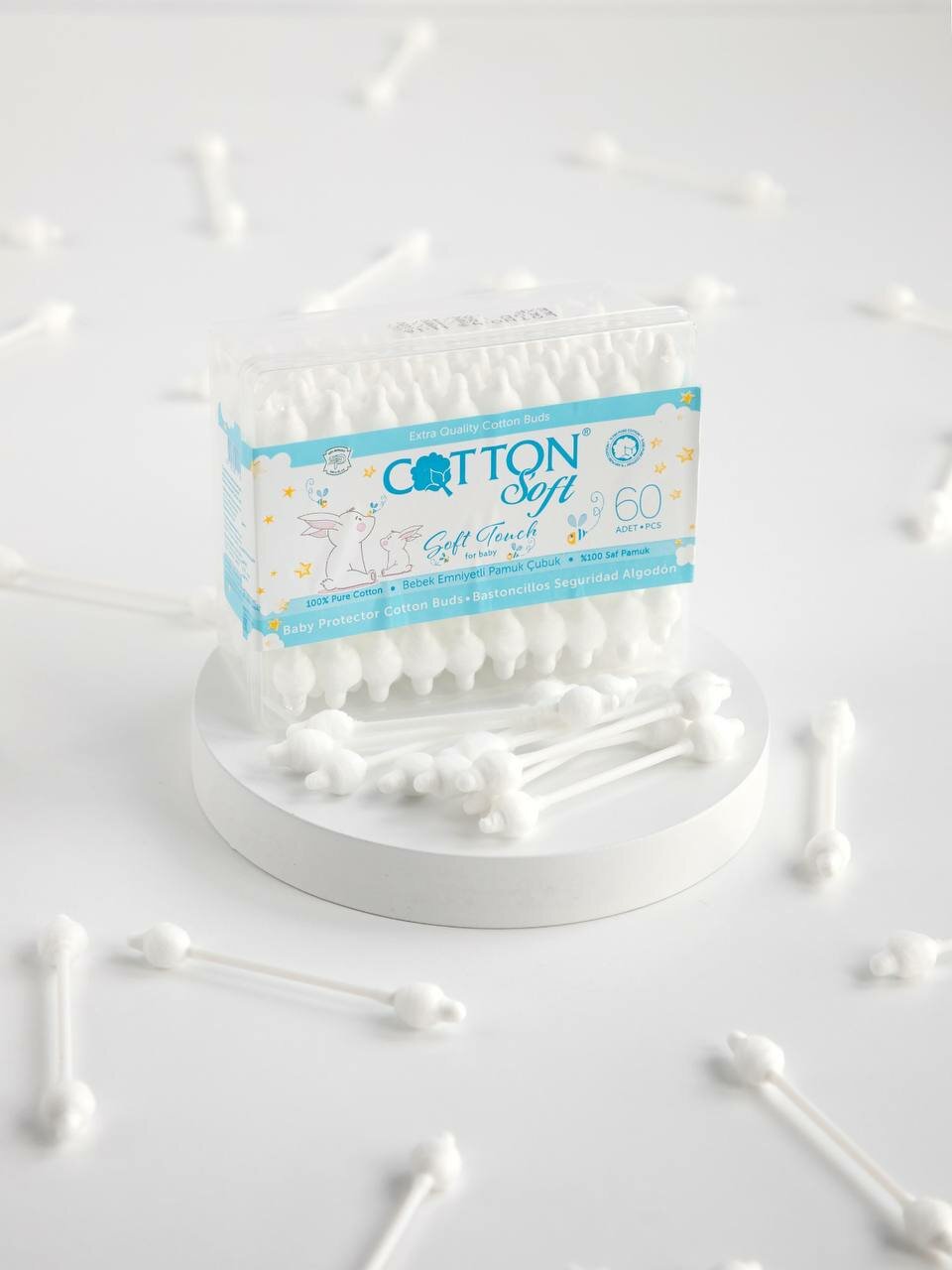 Изображение Ватные палочки Cotton Soft с ограничителем в боксе 12 уп по 60 штук