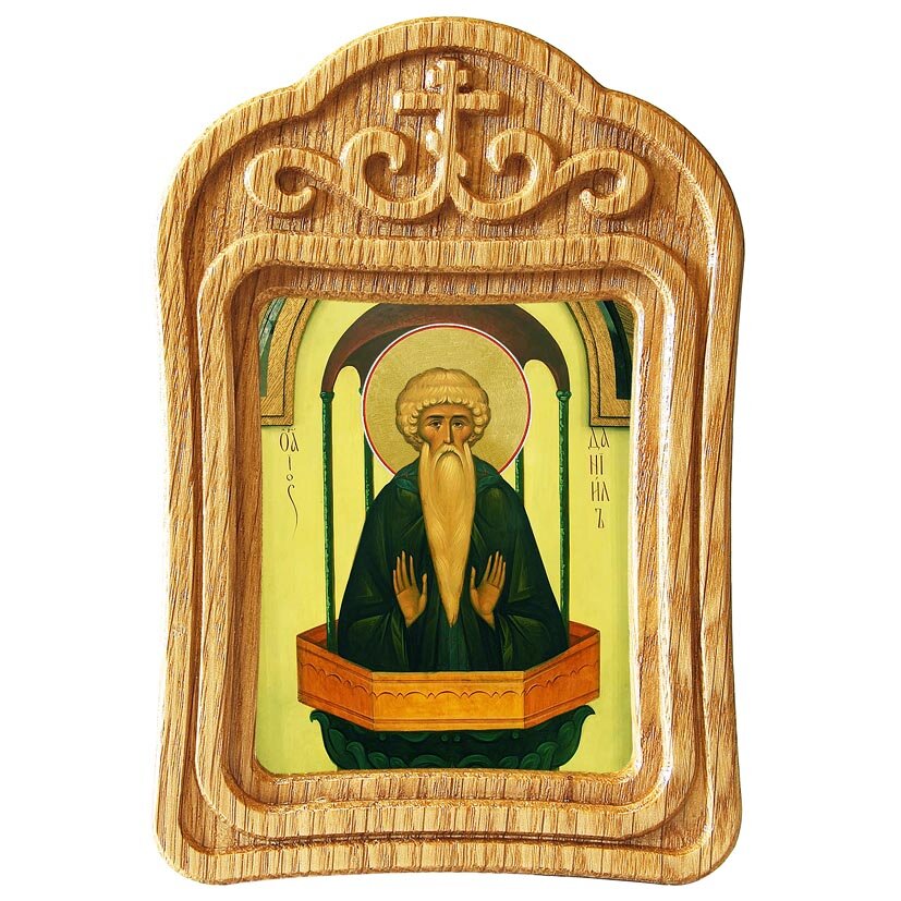 Преподобный Даниил Столпник, икона в резной деревянной рамке