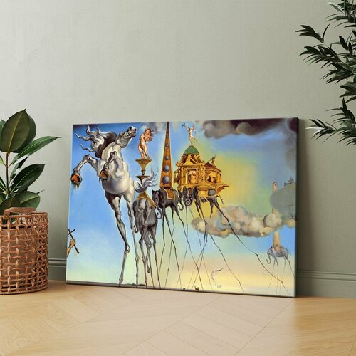 Картина на холсте (Картина человека на лошади с башней на заднем плане) 20x30 см. Интерьерная, на стену.