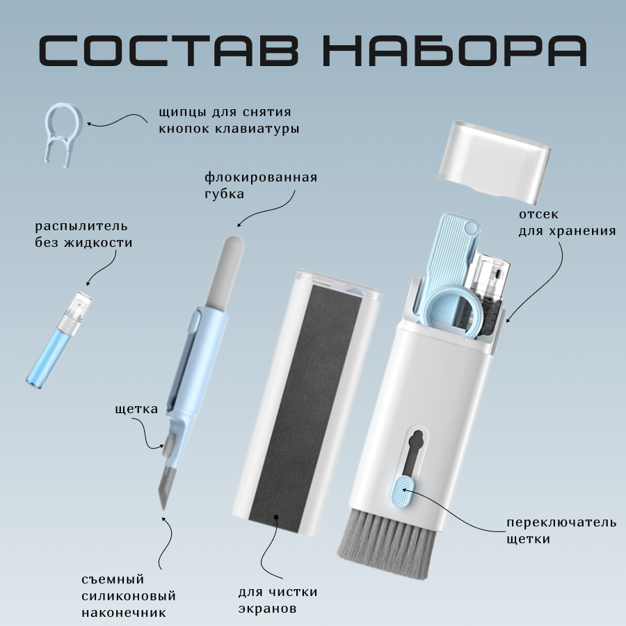 Многофункциональная щетка для чистки наушников, клавиатуры, экрана телефонов и ноутбуков 7 в 1 DRAKON IRG — фото 1