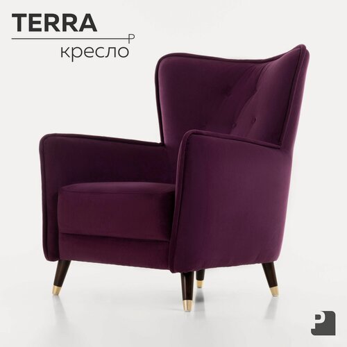 Изображение товара Кресло мягкое TERRA интерьерное для отдыха, на деревянных ножках, велюр фиолетовый Мебельное бюро PEREVALOV