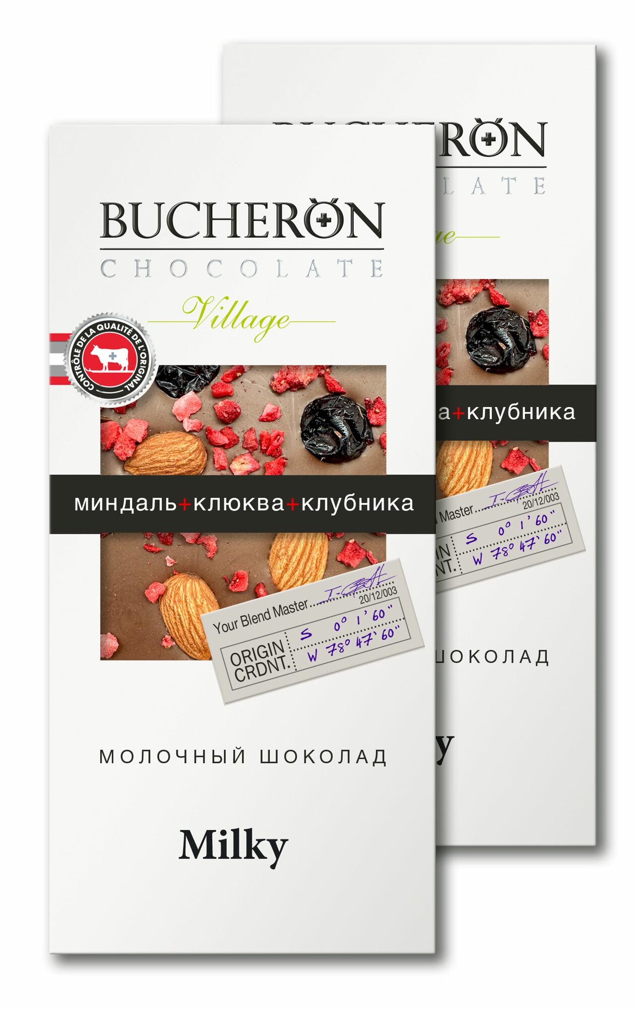 Шоколад BUCHERON VILLAGE молочный с миндалем, клюквой и клубникой 100г, 2 шт.