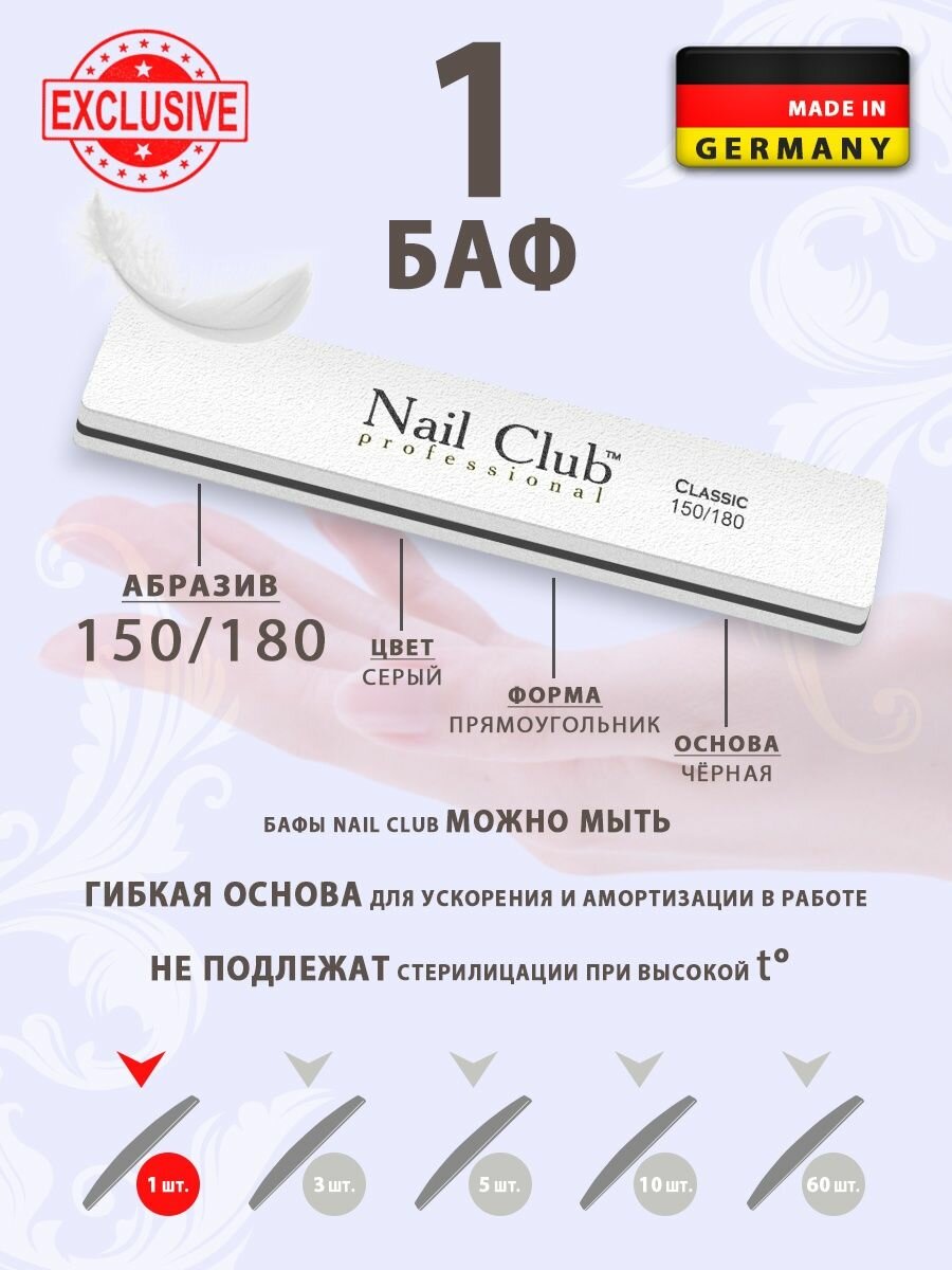 Nail Club professional Маникюрный баф для шлифовки ногтей белый, серия Classic, форма прямоугольник, абразив 150/180, 1 шт.
