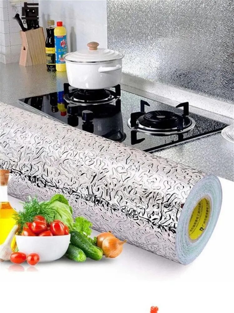 Алюминиевая самоклеящаяся защитная плёнка фольга для кухни ширина 60 см, рулон 3 м,