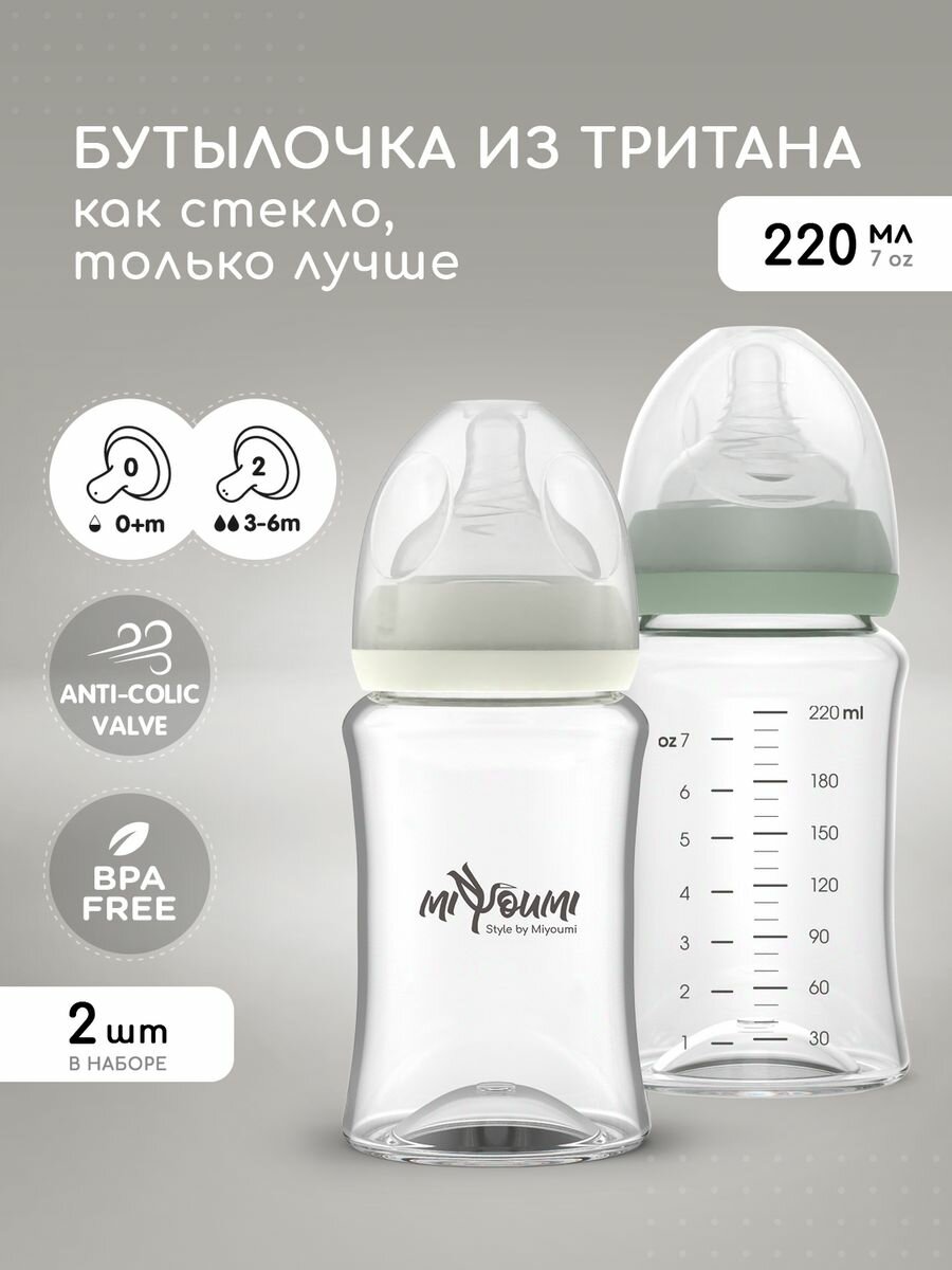 Бутылочка для кормления Miyoumi 220 мл, антиколиковая, 2 шт