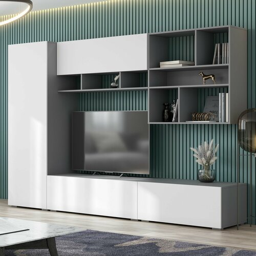Стенка в гостиную Айвори со шкафом, нишей под ТВ, полками и тумбой от Астрид Мебель, 270х52х185 см, цвет Графит/Белый