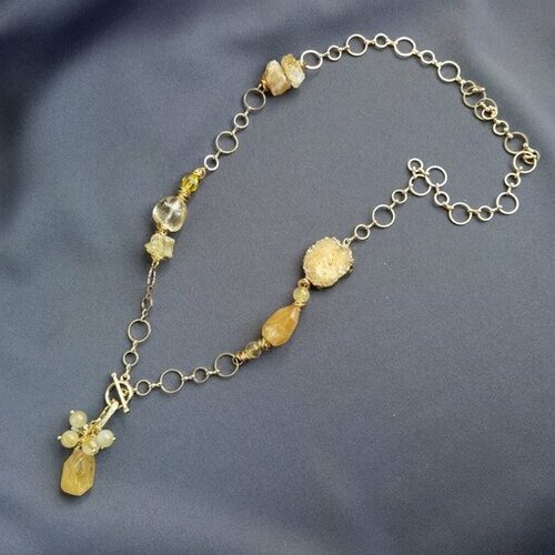 Комплект бижутерии Камни Елены: колье, серьги, цитрин, размер колье/цепочки 77 см