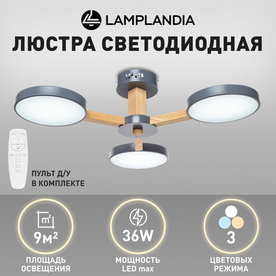 Люстра потолочная светодиодная с пультом Lamplandia L1372 CORTES GREY, LED 3*12Вт, 3 режима