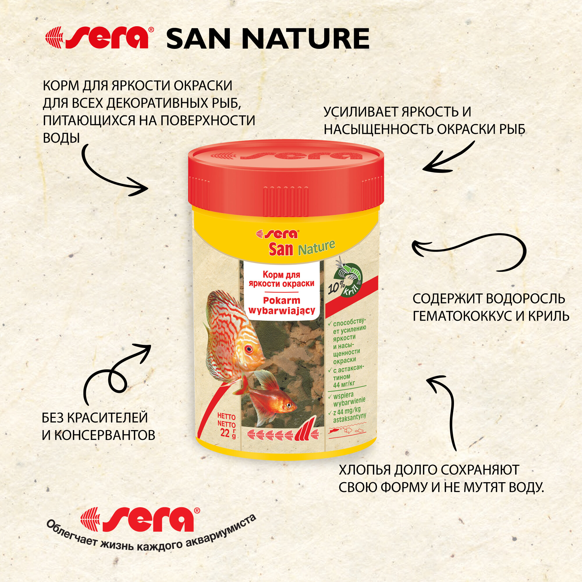 Корм сухой в хлопьях Sera San Nature для яркости окраски декоративных рыб, 100 мл, 22 гр