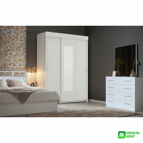 Спальный гарнитур белый, кровать двуспальная Саломея 180х200, комод 85х85х50, шкаф-купе Бостон 130х202х50, прикроватные тумбы 2 шт.