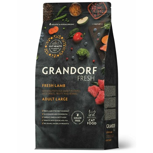 Сухой Беззерновой корм Grandorf Fresh с живыми пробиотиками. Для взрослых кошек крупных пород с чувствительным пищеварением или склонных к аллергии, с мясом ягненка и бататом 2 кг