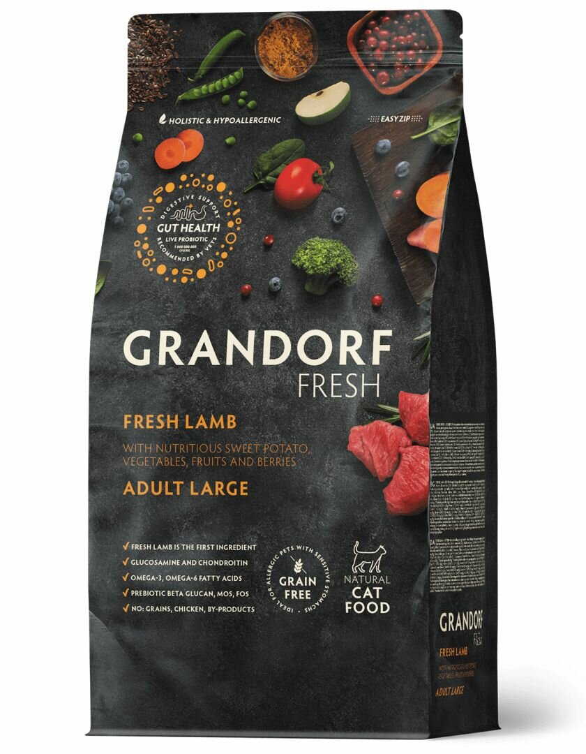 Сухой Беззерновой корм Grandorf Fresh с живыми пробиотиками. Для взрослых кошек крупных пород с чувствительным пищеварением или склонных к аллергии, с мясом ягненка и бататом 2 кг