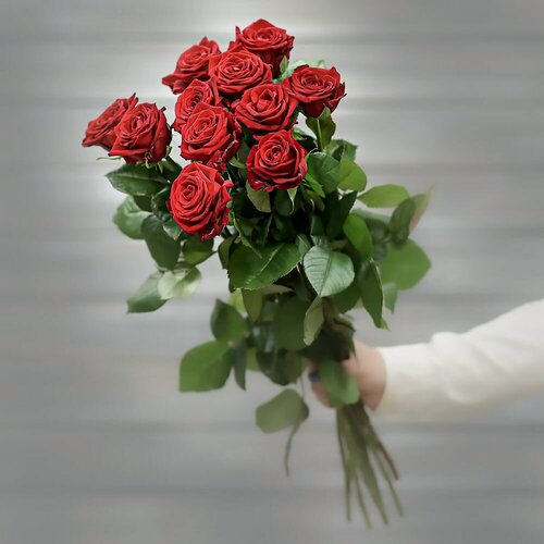 Изображение товара Букет живых цветов из 11 красных роз (Россия) с лентой 50 см
