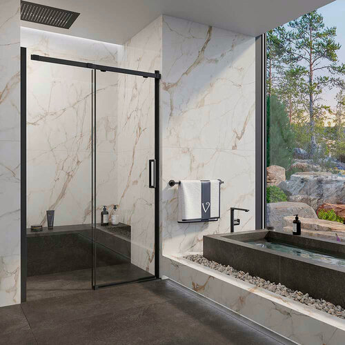 Изображение товара Душевая дверь Veconi (Векони) Vianno 160x195 см стекло прозрачное профиль черный механизм раздвижной (VN70B-160-01-C4)