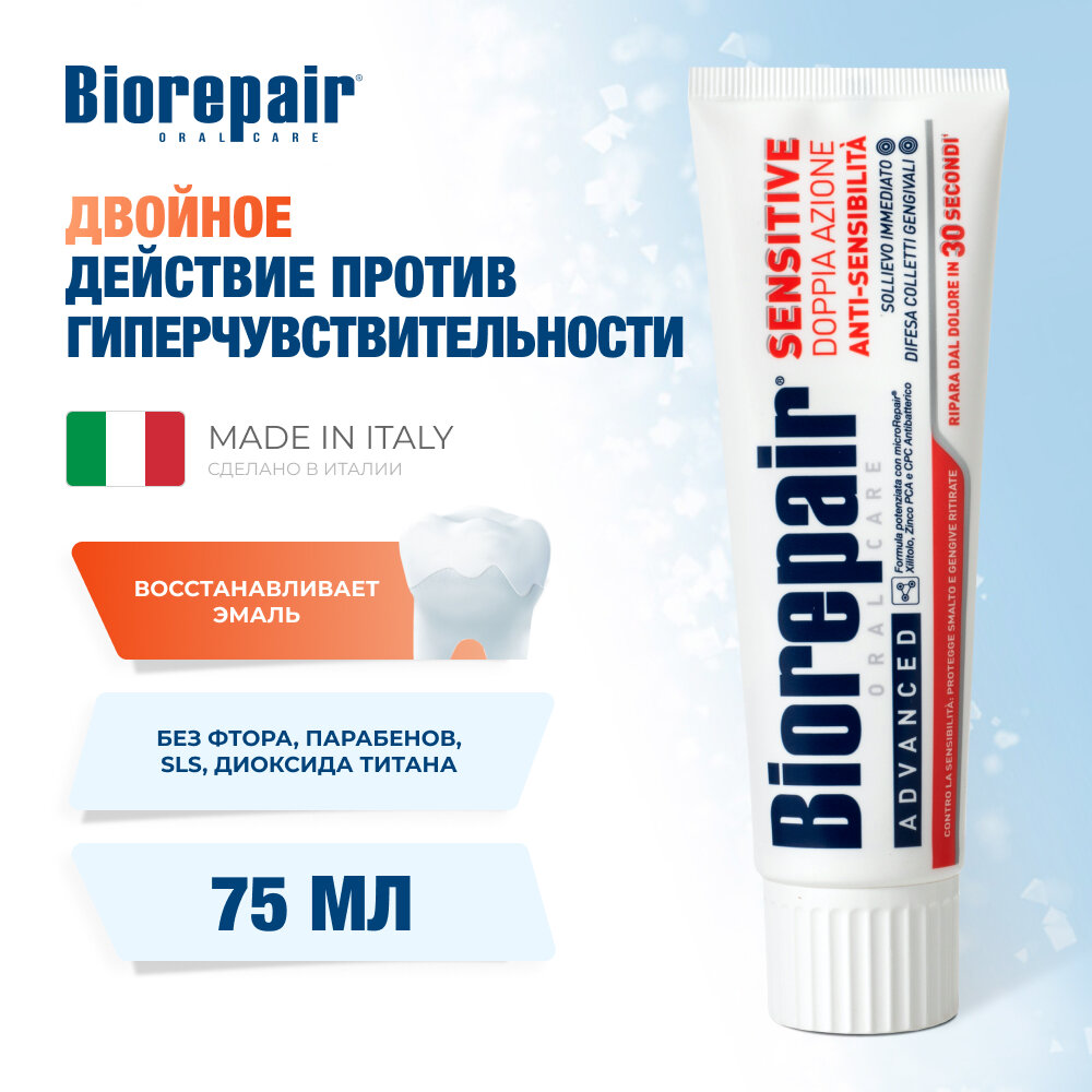 Зубная паста Biorepair Sensitive Double Action, против гиперчувствительности для чувствительных зубов, 75 мл