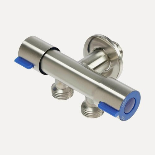 Изображение товара Кран двойной угловой 1/2" х 1/2"с двумя вентилями, сатиновый с синими ручками из нержавеющей стали