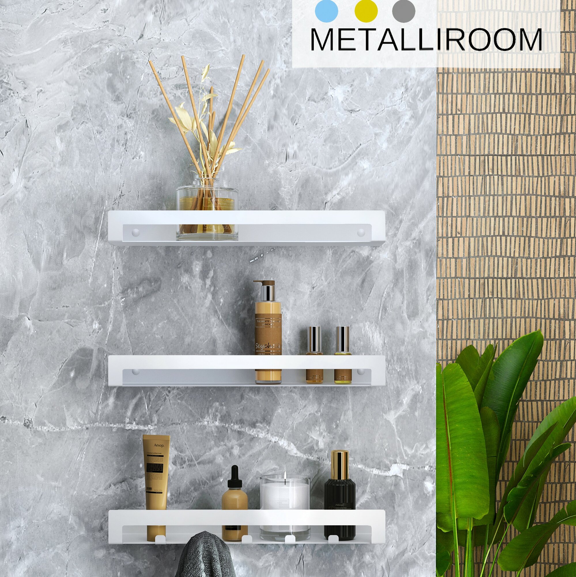 Полки Metalliroom для ванной, металл, белые, 3шт, навесные, 40x11х3,5 см — фото 1