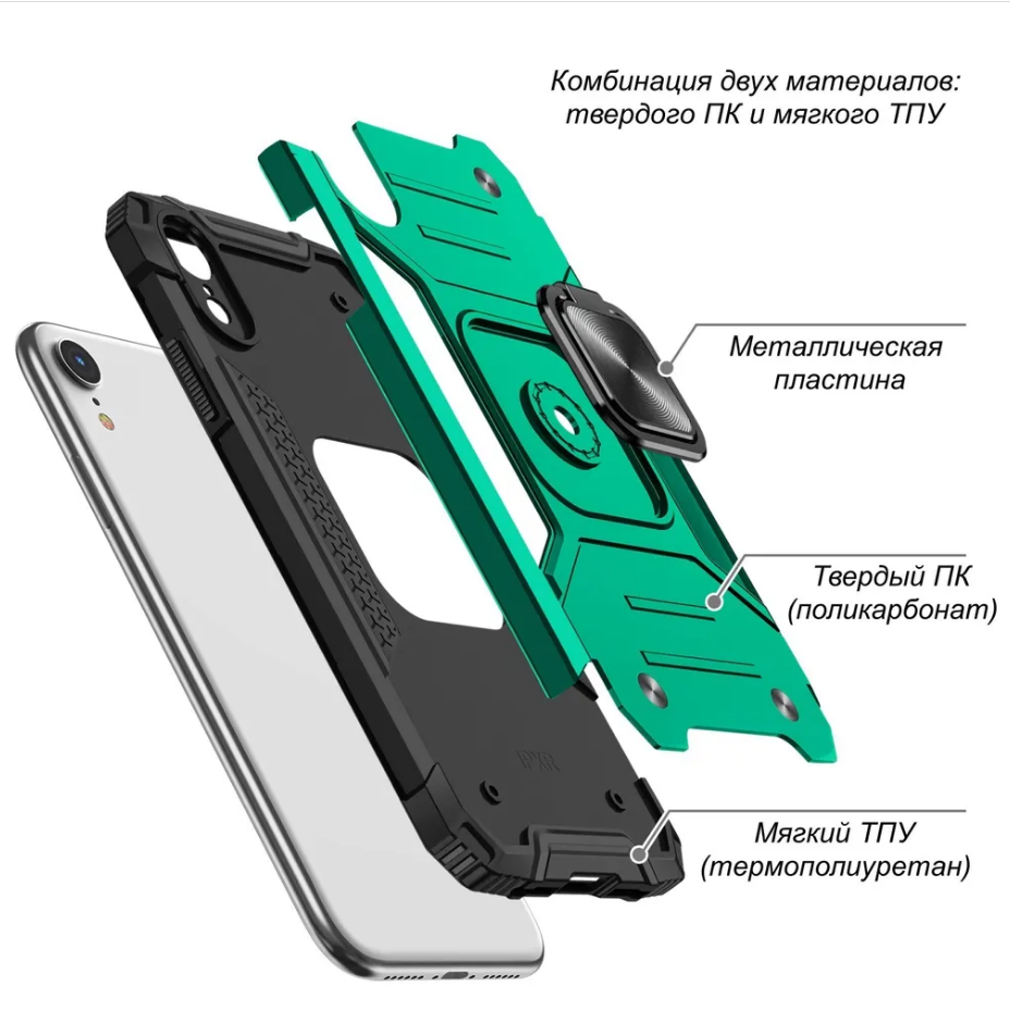 Противоударный чехол для iPhone 11 зеленый с пластиной для магнитного автодержателя и кольцом подставкой — фото 1