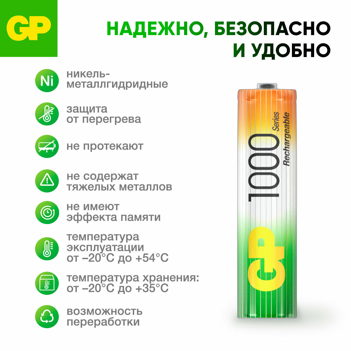 GP Батарейки ААА мизинчиковые аккумуляторные 100AAAHC, 950 мАч, HR03, набор 4 шт — фото 1