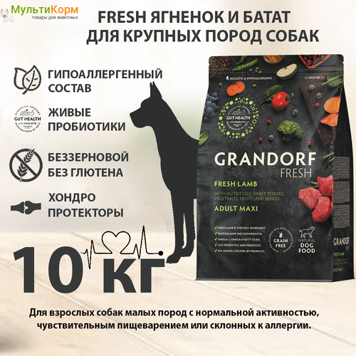 Сухой корм для собак крупных пород 10 кг Grandorf Fresh Dog Adult MAXI Lamb & Sweet Potato: Ягненок, Индейка и Батат, беззерновой, холистик