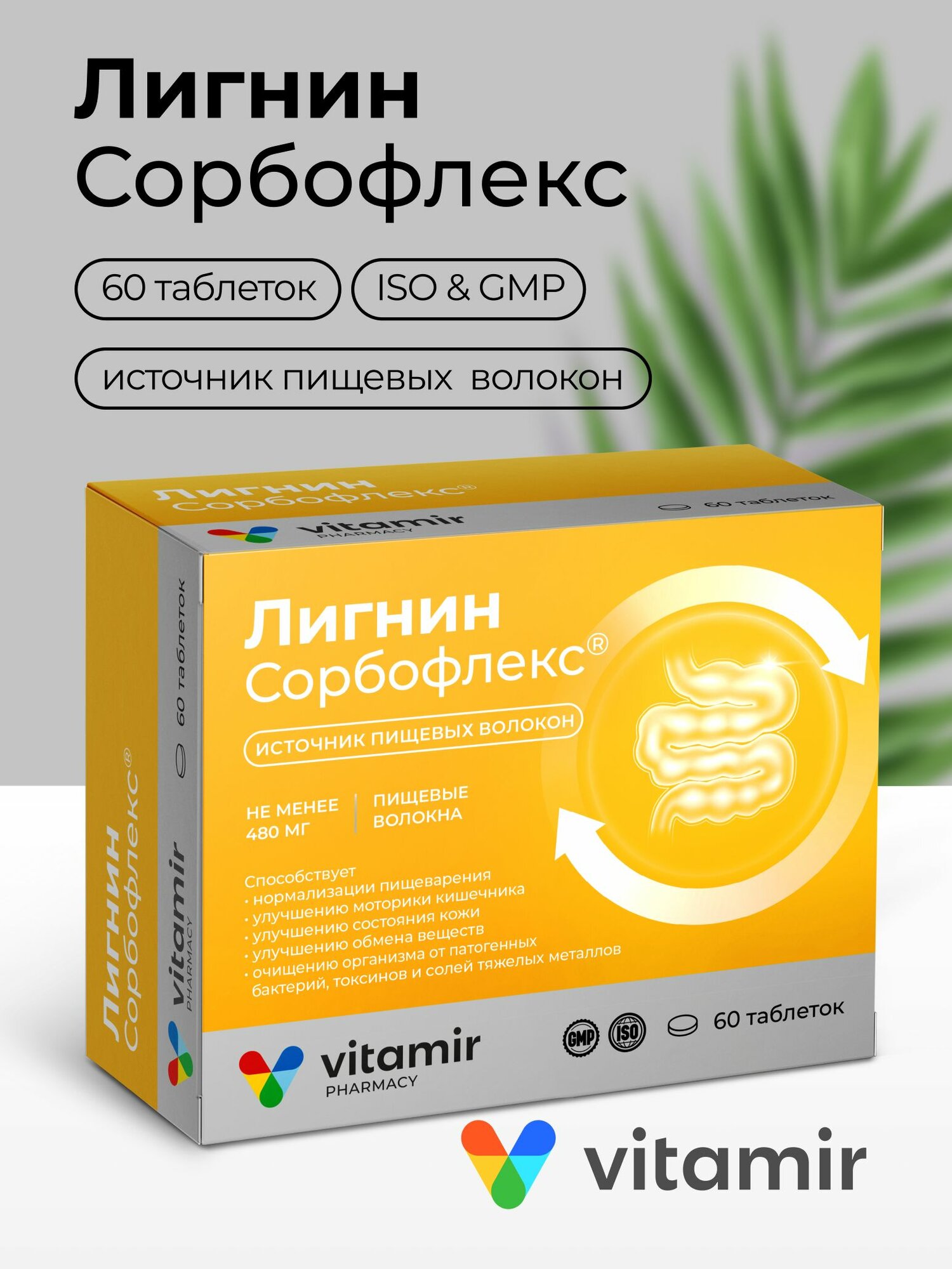 Лигнин сорбофлекс витамир  Сорбент для кишечника и детокса организма  60 таблеток