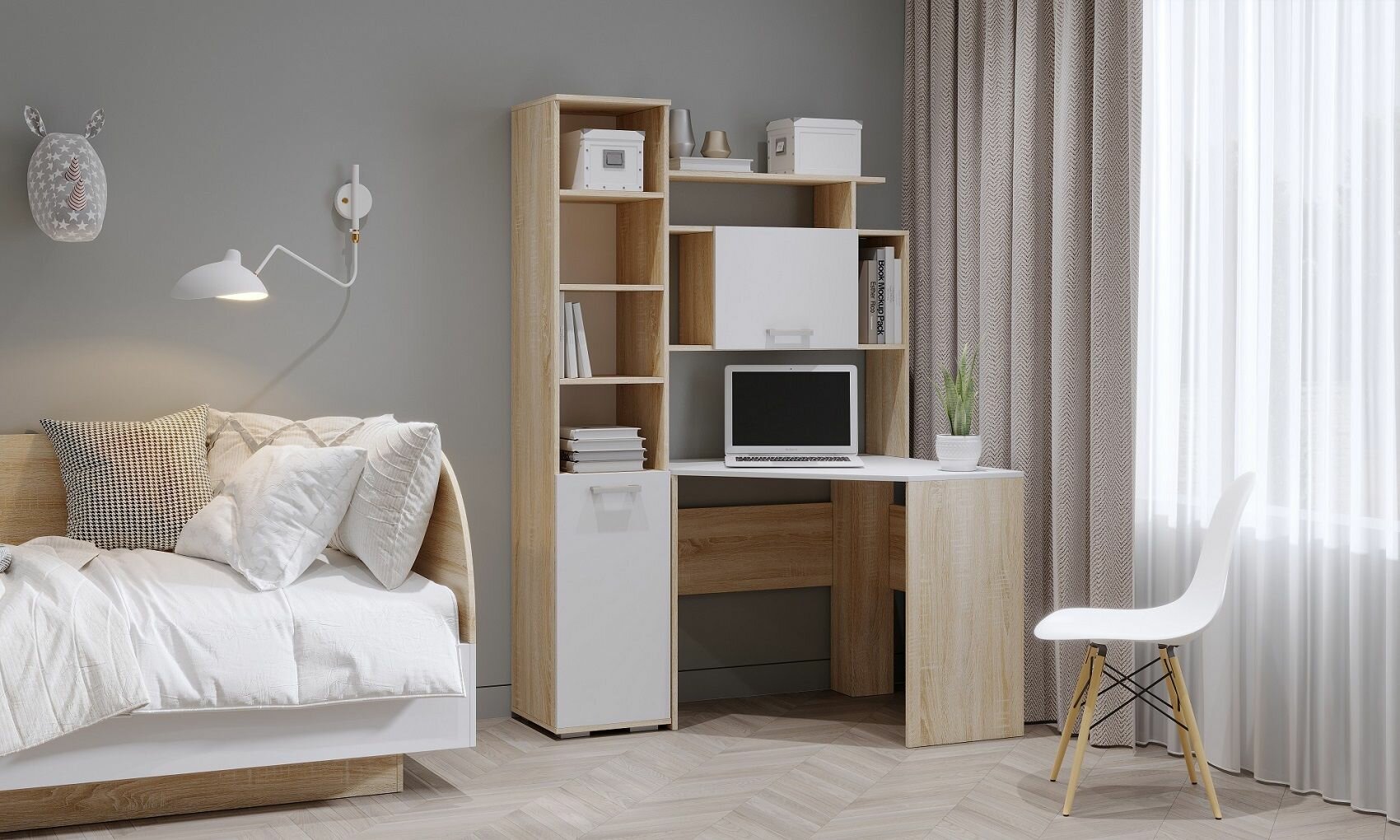 ПКС-8 Стол угловой Сонома-Белый глянец + ПКС-8 Пенал Сонома-Белый глянец (Памир)