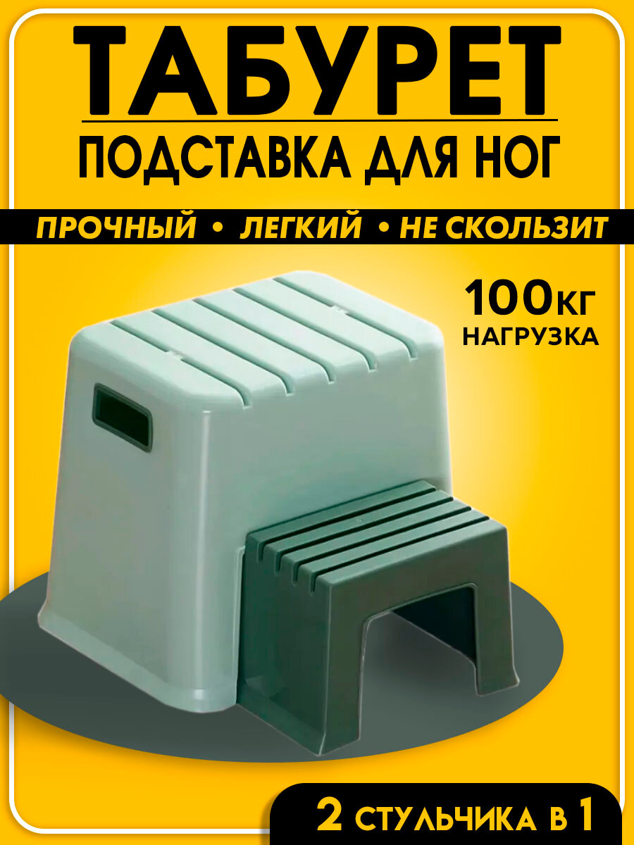 Двухступенчатый пластиковый табурет подставка под ноги. Стульчик - ступенька для детей, цвет зеленый