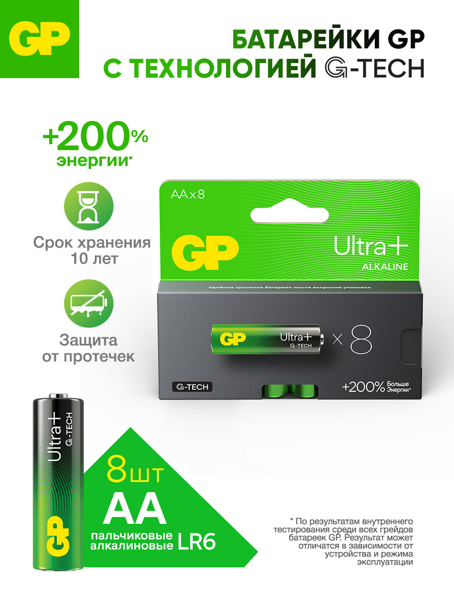 Батарейки АА пальчиковые алкалиновые GP G-TECH Ultra Plus 15AUPA21, набор 8 шт