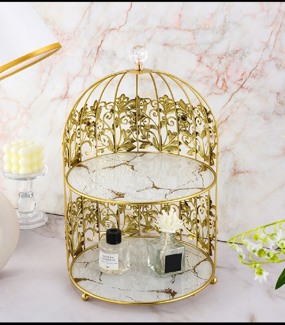 Органайзер для косметики и парфюмерии, 2-ярусный, ширина 30 см золотой металл и белое стекло, декоративный, настольный