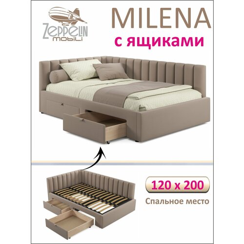 фото Кровать угловая milena zeppelin 120х200 светло-коричневый (мокко) с ящиками, из велюра, с ортопедическими ламелями zeppelinmobili