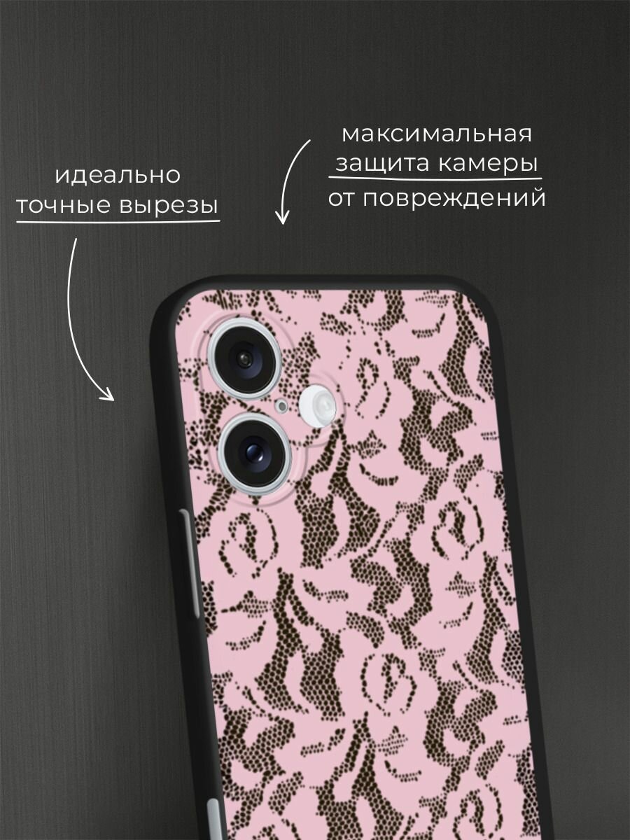Черный матовый чехол на Apple iPhone 16 Plus / Айфон 16 Плюс с принтом Розовые кружева цветов — фото 1
