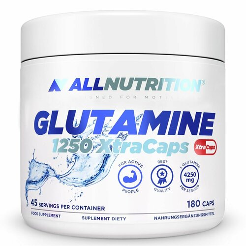 Глютамин + Таурин, 180 капсул / AllNutrition GLUTAMINE 1250 XTRACAPS / Аминокислоты, для набора мышечной массы, для выносливости, для обмена веществ, для пищеварения