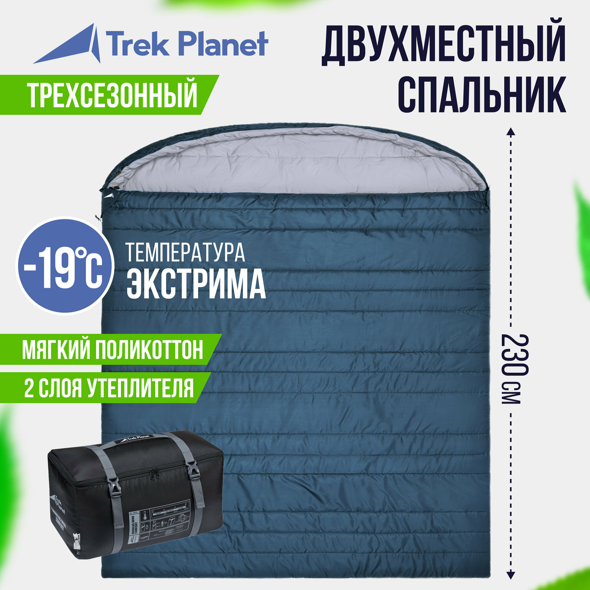 Спальный мешок TREK PLANET Aosta Double, двухместный, две молнии, цвет: синий