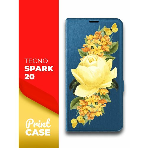 Чехол на Tecno Spark 20 (Техно Спарк 20) синий книжка эко-кожа подставка отделением для карт и магнитами Book Case, Miuko (принт) Желтые Розы чехол на tecno spark 20 техно спарк 20 зеленый опал книжка эко кожа подставка отделением для карт и магнитами book case miuko принт розовые розы