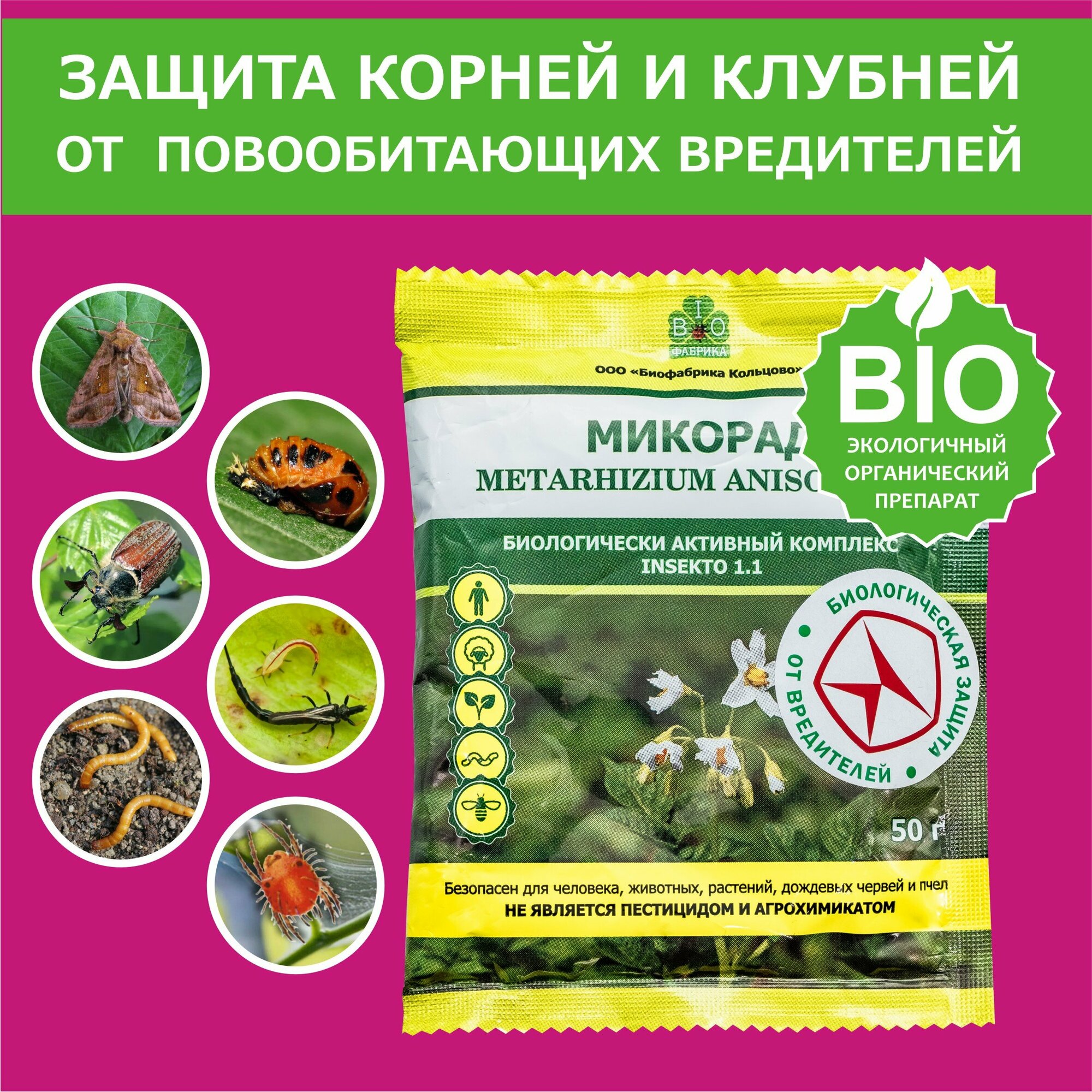 Микорад (Метаризин) Биологически Активный комплес INSEKTO 1.1 от майского жука, проволочника, медведки, колорадского жука, 50г.