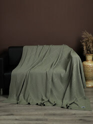 Плед 180х220, вязаный, KING PLAID, оливковый, хлопок, покрывало на кровать, на диван, на кресло, в подарочной сумке