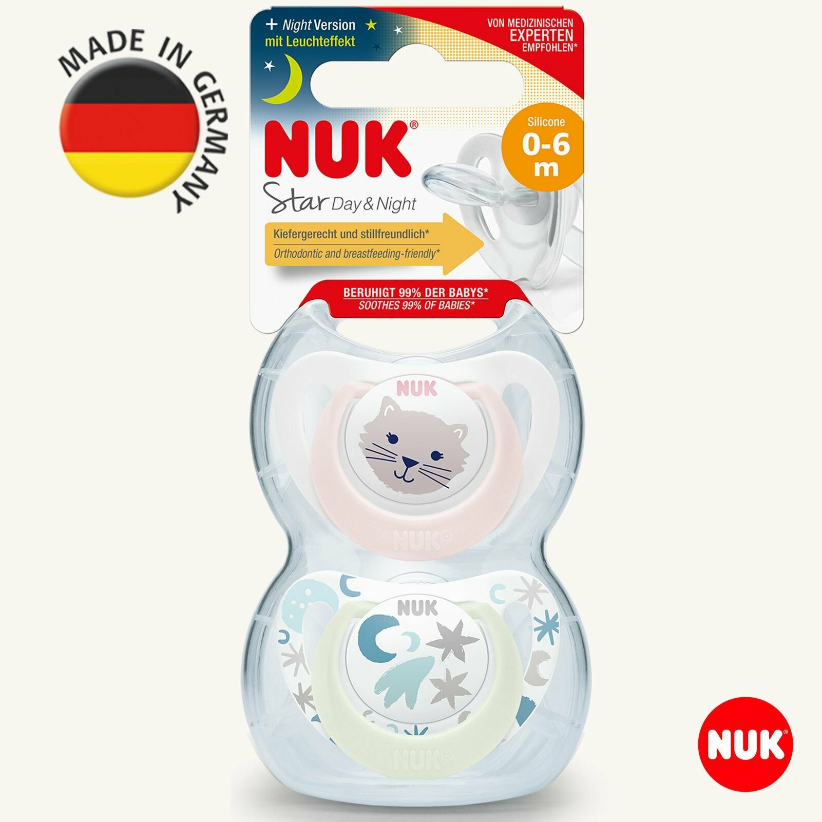 NUK STAR NIGHT Соска пустышка силиконовая для малышей 0-6 месяцев, 2 шт